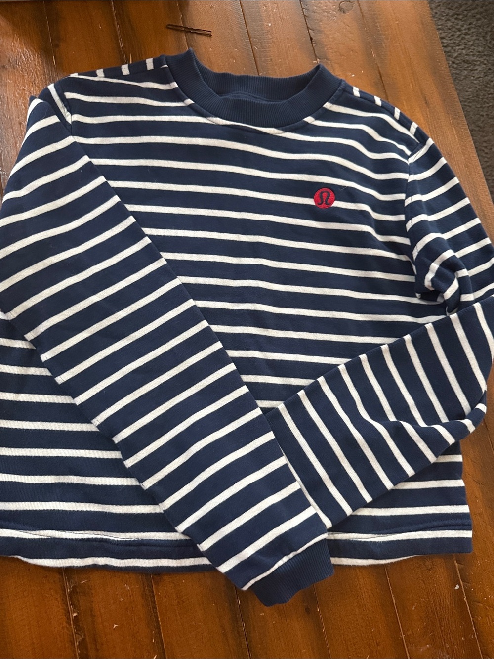 lululemon athletica Navy and White Striped women's Crew Sweatshirt with Red Logo